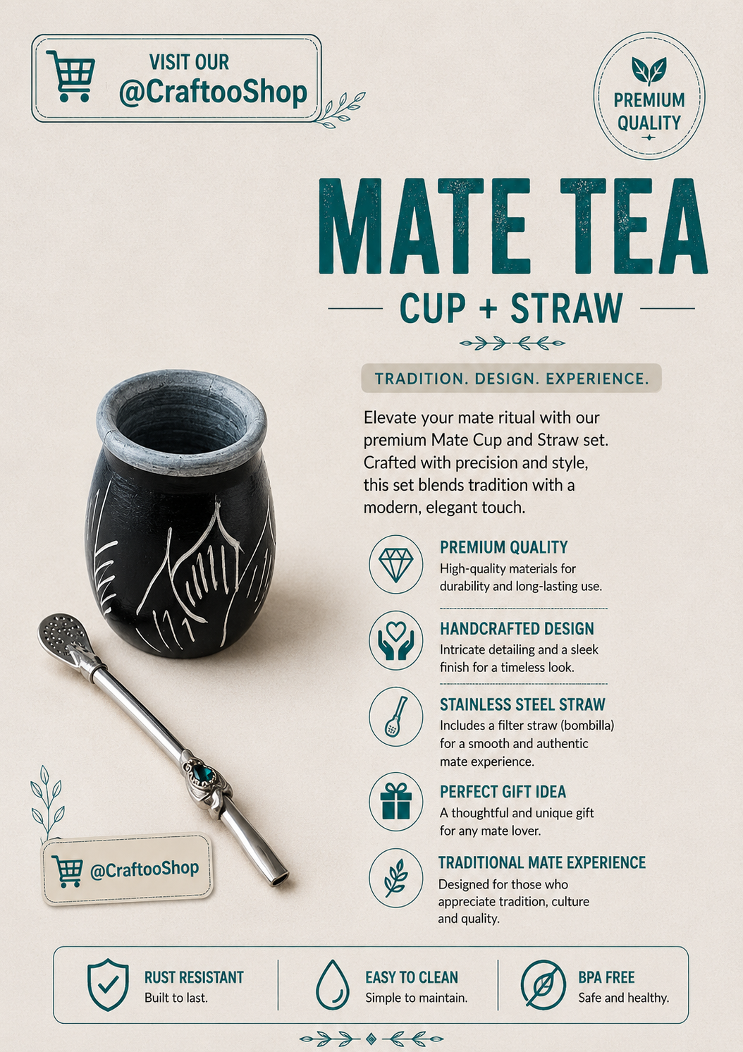 Mate Tea Silver Black cup, Unique Yerba Mate Cup +Straw, drinking places fountain, water, Filter Bombilla Straw handmade 50mL (Copy)