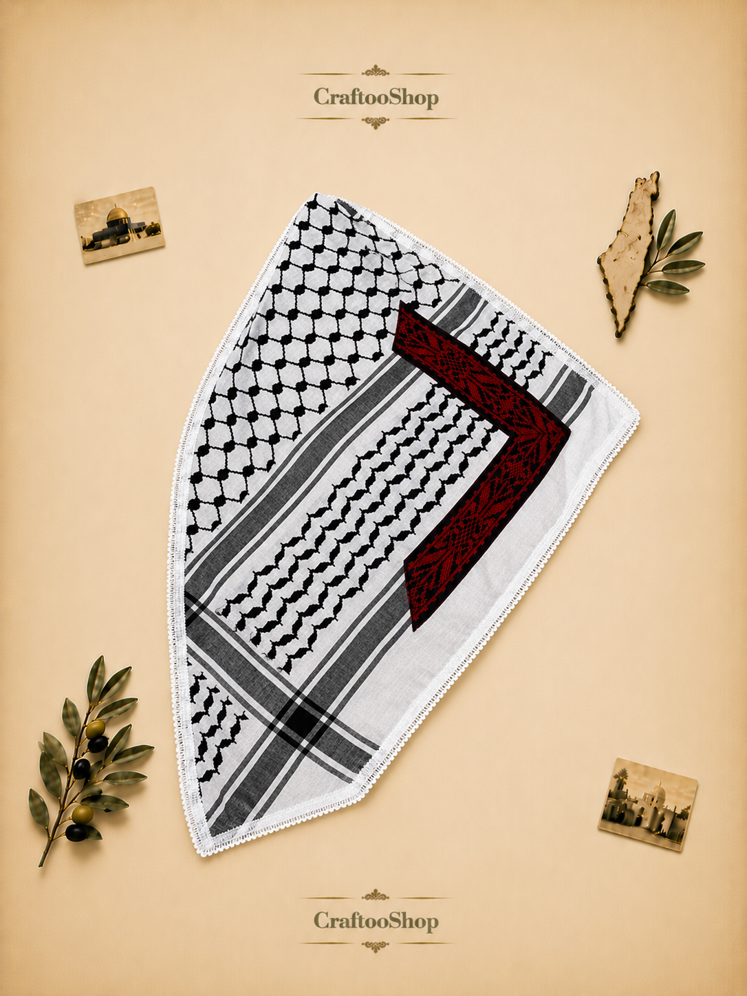 Keffiyeh Tatreez Bandana Scarf, Red Embroidery Falahi Palestine Arafat Kuffyieh Mask, Tie kofyah Headband Kofya Face Cover Vintage dress Size 72X42X48 Centimeters (Copy)