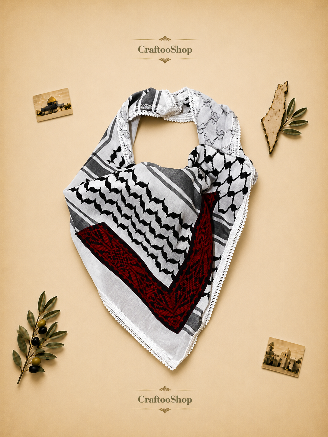 Keffiyeh Tatreez Bandana Scarf, Red Embroidery Falahi Palestine Arafat Kuffyieh Mask, Tie kofyah Headband Kofya Face Cover Vintage dress Size 72X42X48 Centimeters (Copy)