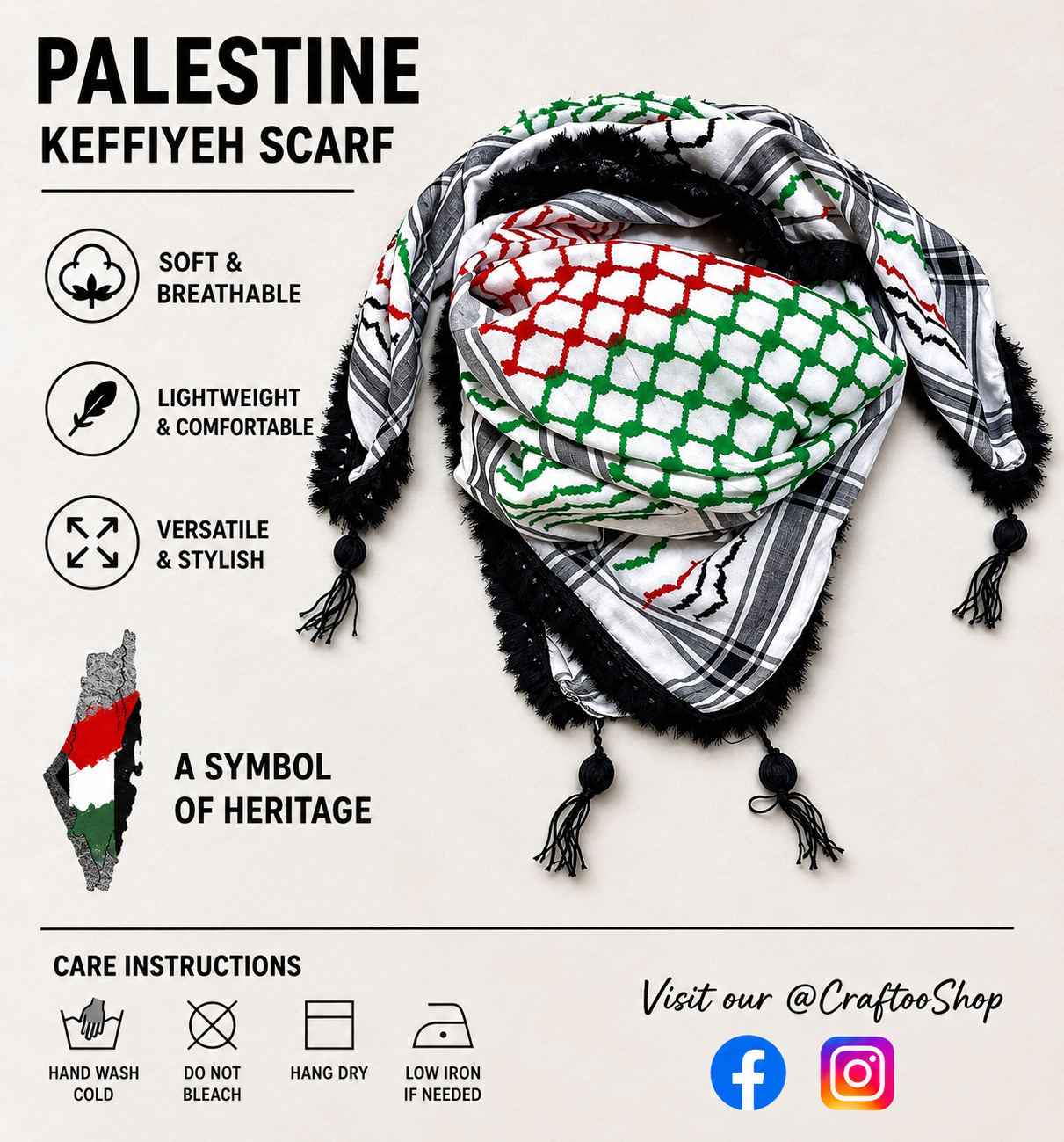 Palestine Flag Scarf, Shemagh Keffyeih Fabric Arab Bandana Kofya Hatta, Kuffyieh Woven Stitched NOT Printed, Mixed Colours, Black Tassels Or White