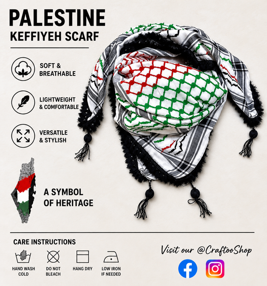 Palestine Flag Scarf, Shemagh Keffyeih Fabric Arab Bandana Kofya Hatta, Kuffyieh Woven Stitched NOT Printed, Mixed Colours, Black Tassels