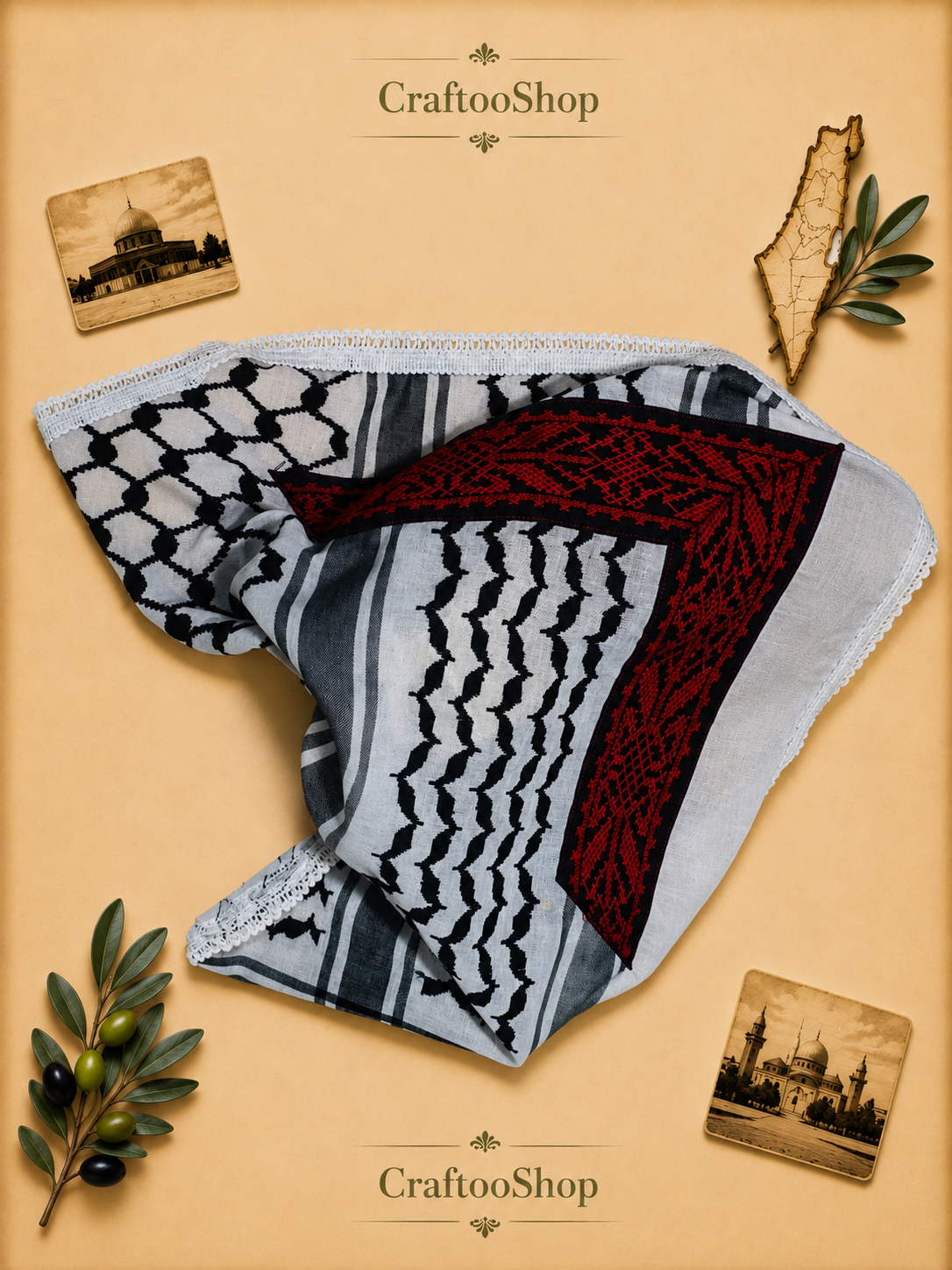 Keffiyeh Tatreez Bandana Scarf, Red Embroidery Falahi Palestine Arafat Kuffyieh Mask, Tie kofyah Headband Kofya Face Cover Vintage dress Size 72X42X48 Centimeters (Copy)