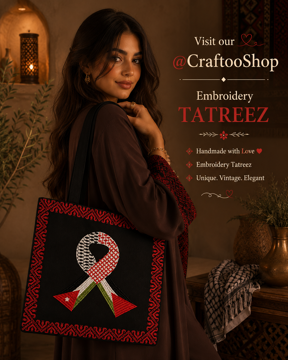 Palestine Jordan Flag Tote Bag, Embroidery Tatreez Shoulder Bag, Vintage Unique Handmade Heavy Work multi-function Zipper