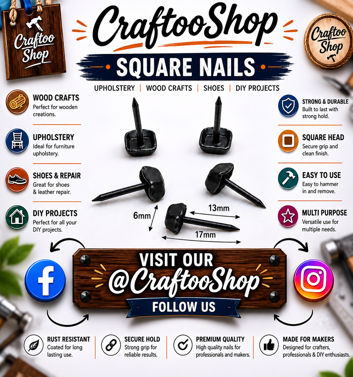 Furniture Nails, Antique Square Head Decorative, Hand forged Iron box thumb Push Pins, Wood Sofa Door Gate stud Leather Work, Upholstery Black 17mmX6mm
