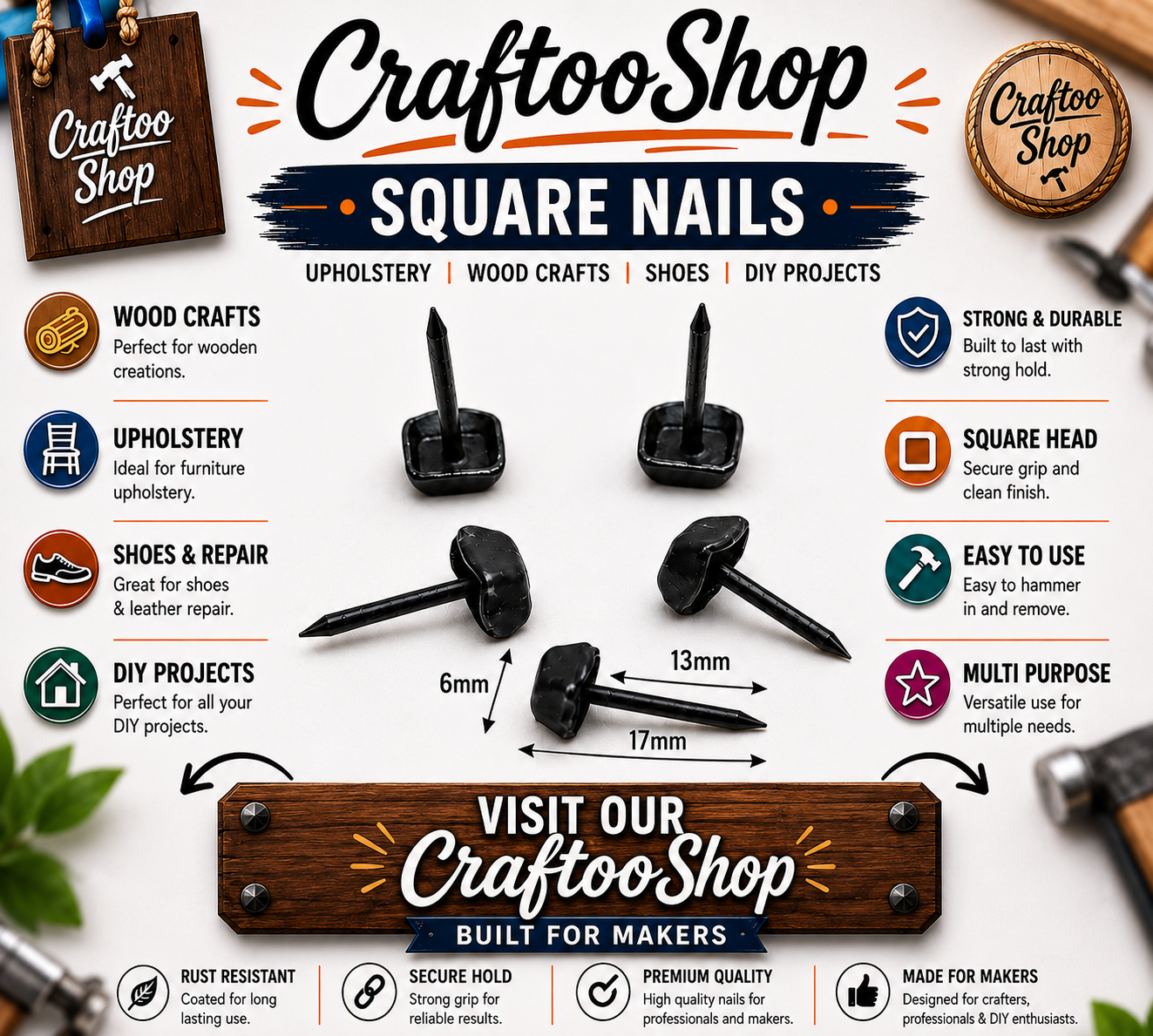 Furniture Nails, Antique Square Head Decorative, Hand forged Metal box thumb Push Pins, Wood Sofa Door Gate stud Leather Work, Upholstery Black 17mmX6mm
