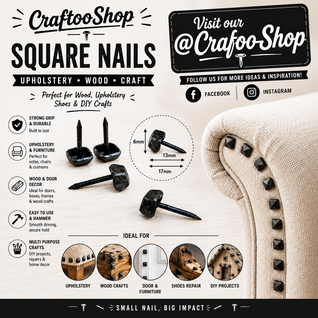 Furniture Nails, Antique Square Head Decorative, Hand forged Iron box thumb Push Pins, Wood Sofa Door Gate stud Leather Work, Upholstery Black 17mmX6mm
