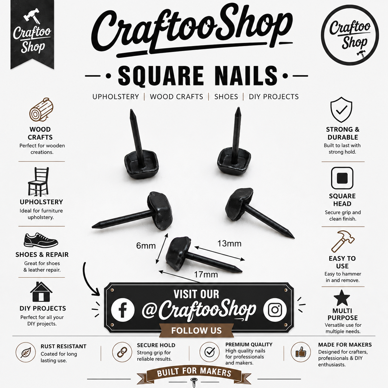 Furniture Nails, Antique Square Head Decorative, Hand forged Metal box thumb Push Pins, Wood Sofa Door Gate stud Leather Work, Upholstery Black 17mmX6mm