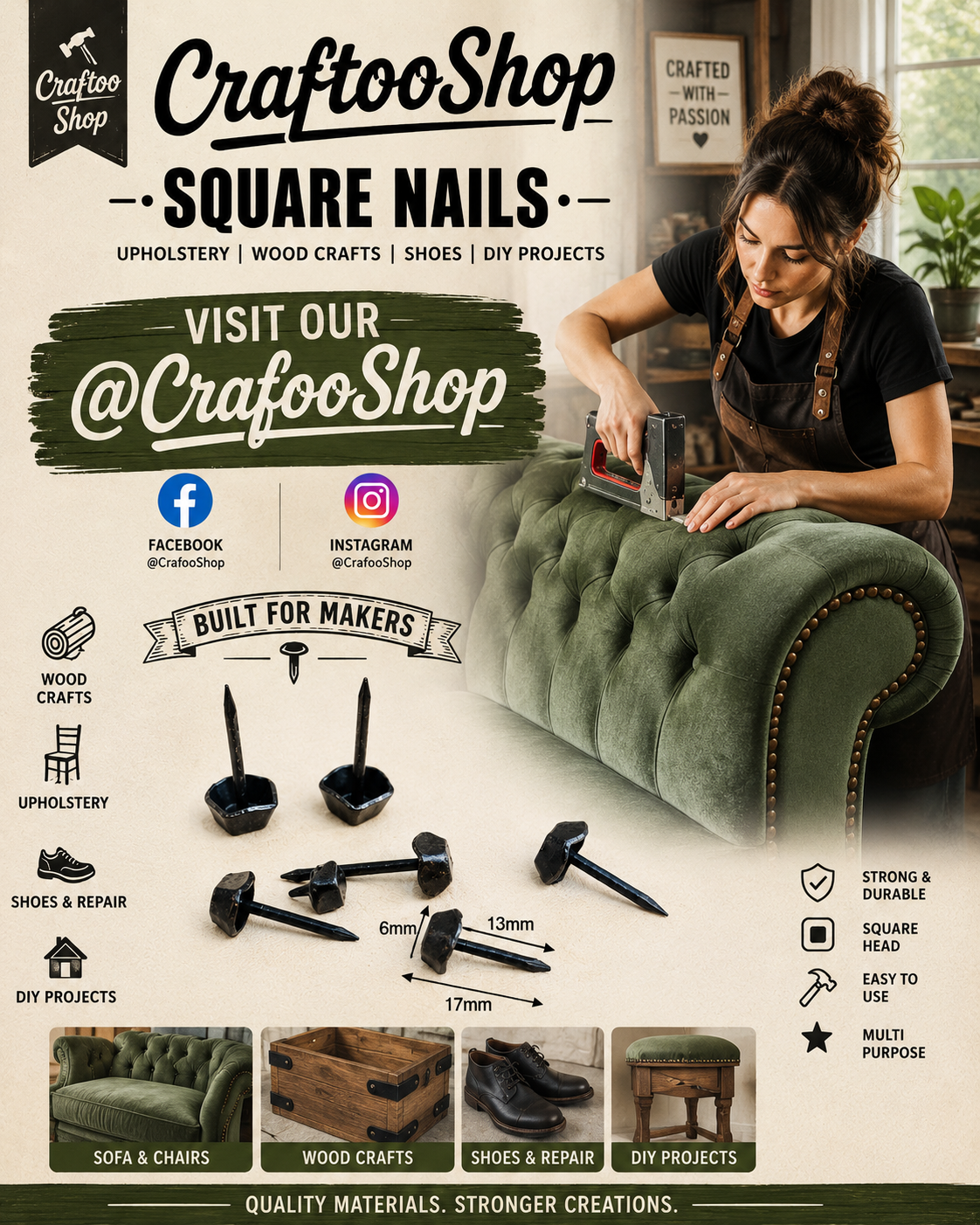 Furniture Nails, Antique Square Head Decorative, Hand forged Iron box thumb Push Pins, Wood Sofa Door Gate stud Leather Work, Upholstery Black 17mmX6mm