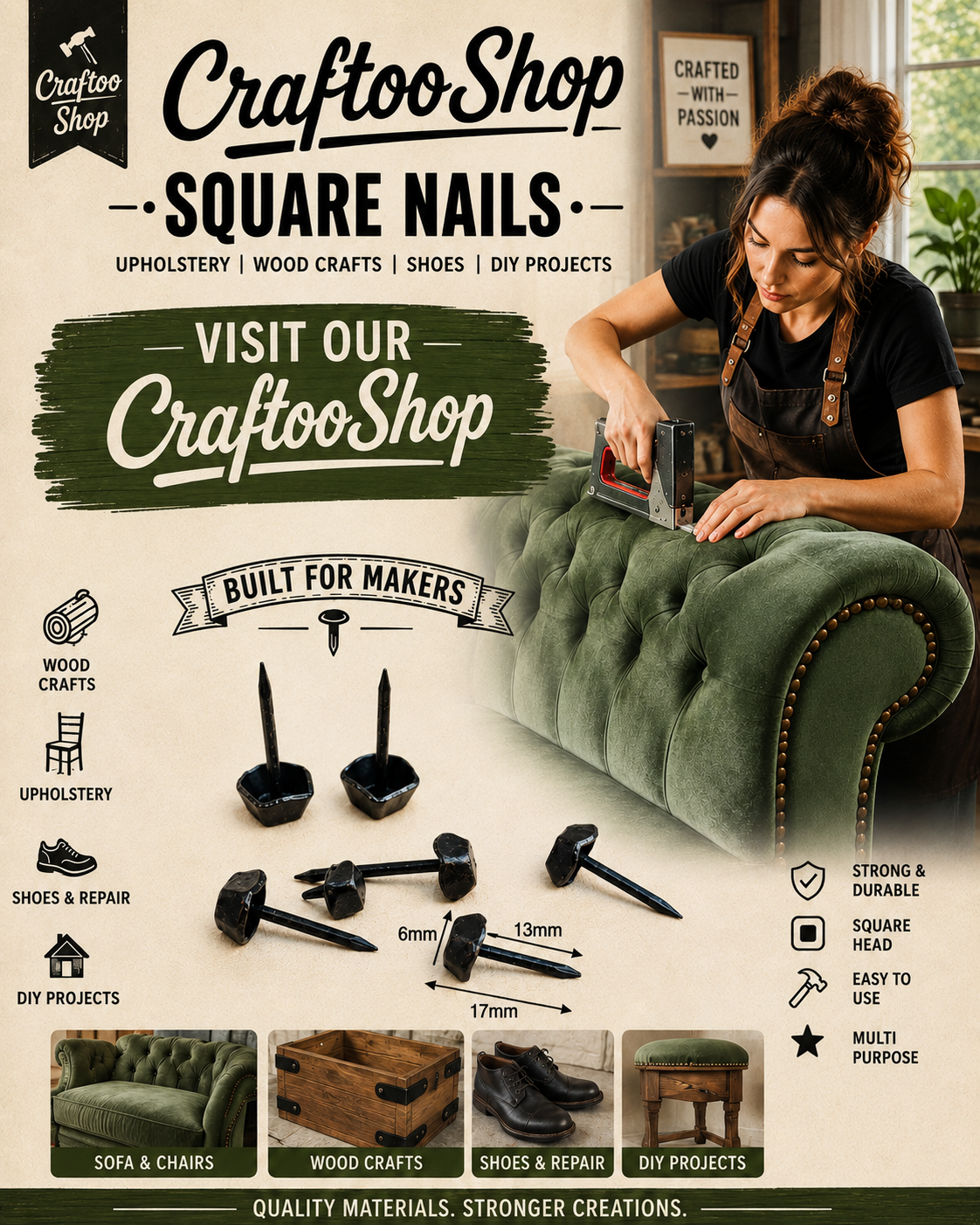Furniture Nails, Antique Square Head Decorative, Hand forged Metal box thumb Push Pins, Wood Sofa Door Gate stud Leather Work, Upholstery Black 17mmX6mm