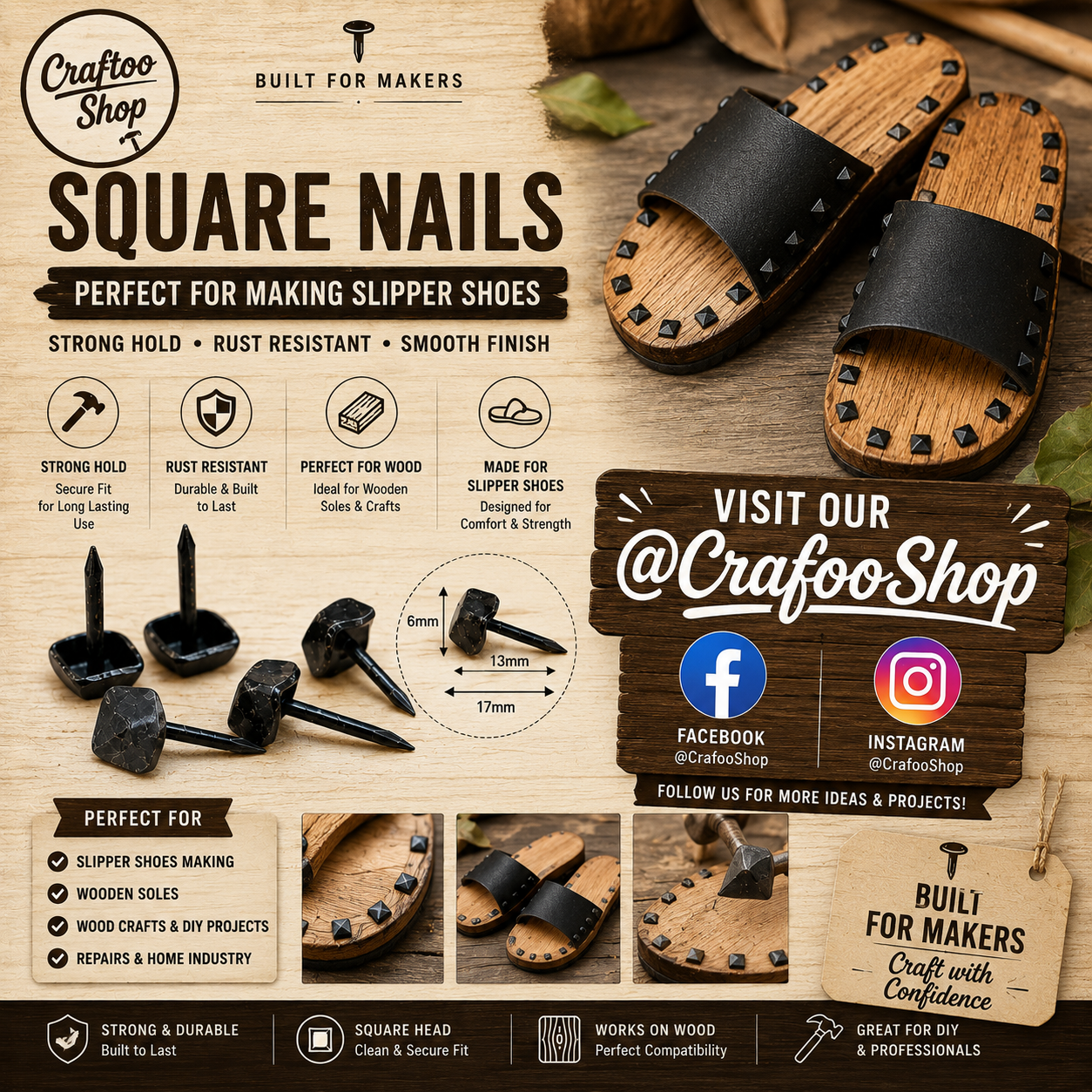 Furniture Nails, Antique Square Head Decorative, Hand forged Iron box thumb Push Pins, Wood Sofa Door Gate stud Leather Work, Upholstery Black 17mmX6mm