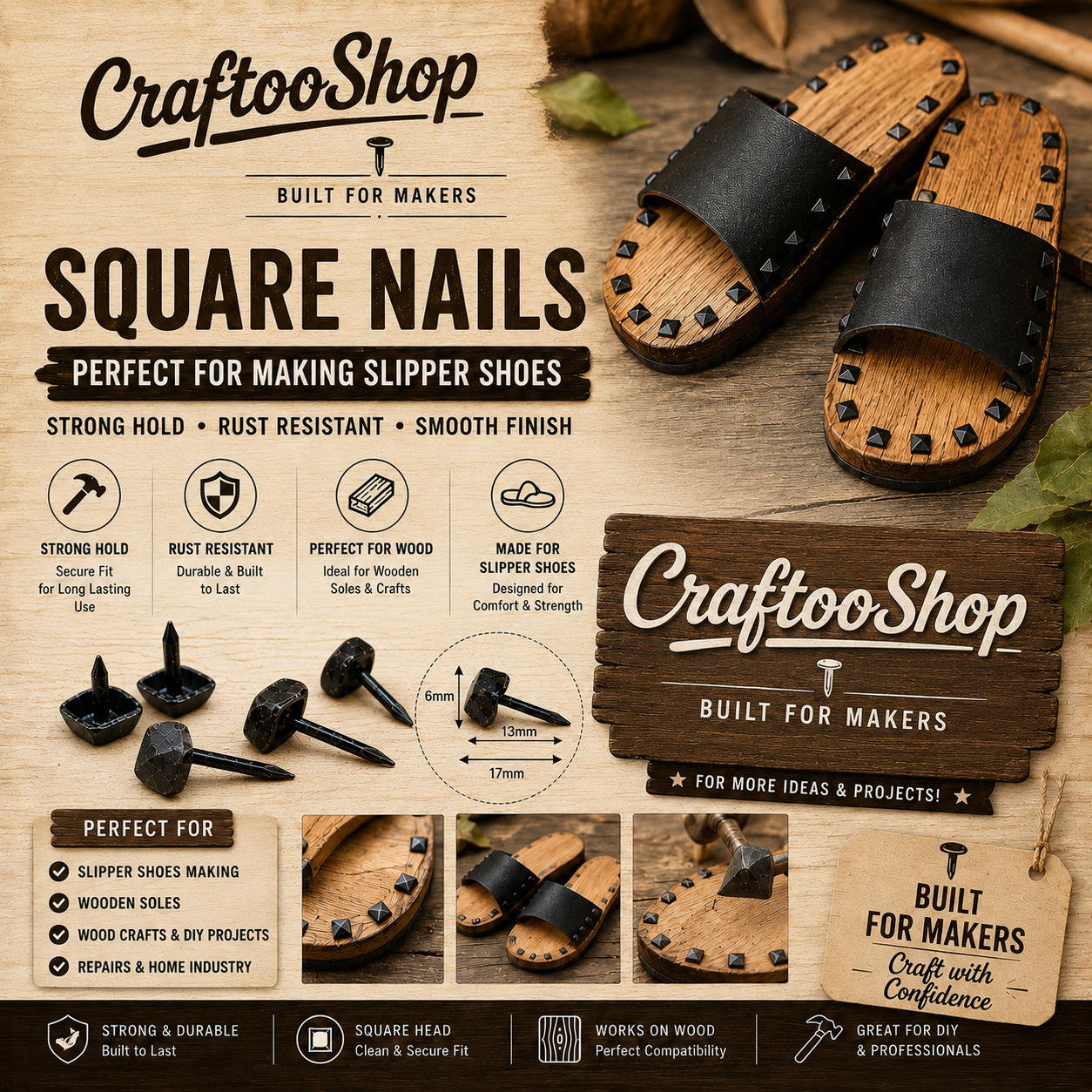Furniture Nails, Antique Square Head Decorative, Hand forged Metal box thumb Push Pins, Wood Sofa Door Gate stud Leather Work, Upholstery Black 17mmX6mm