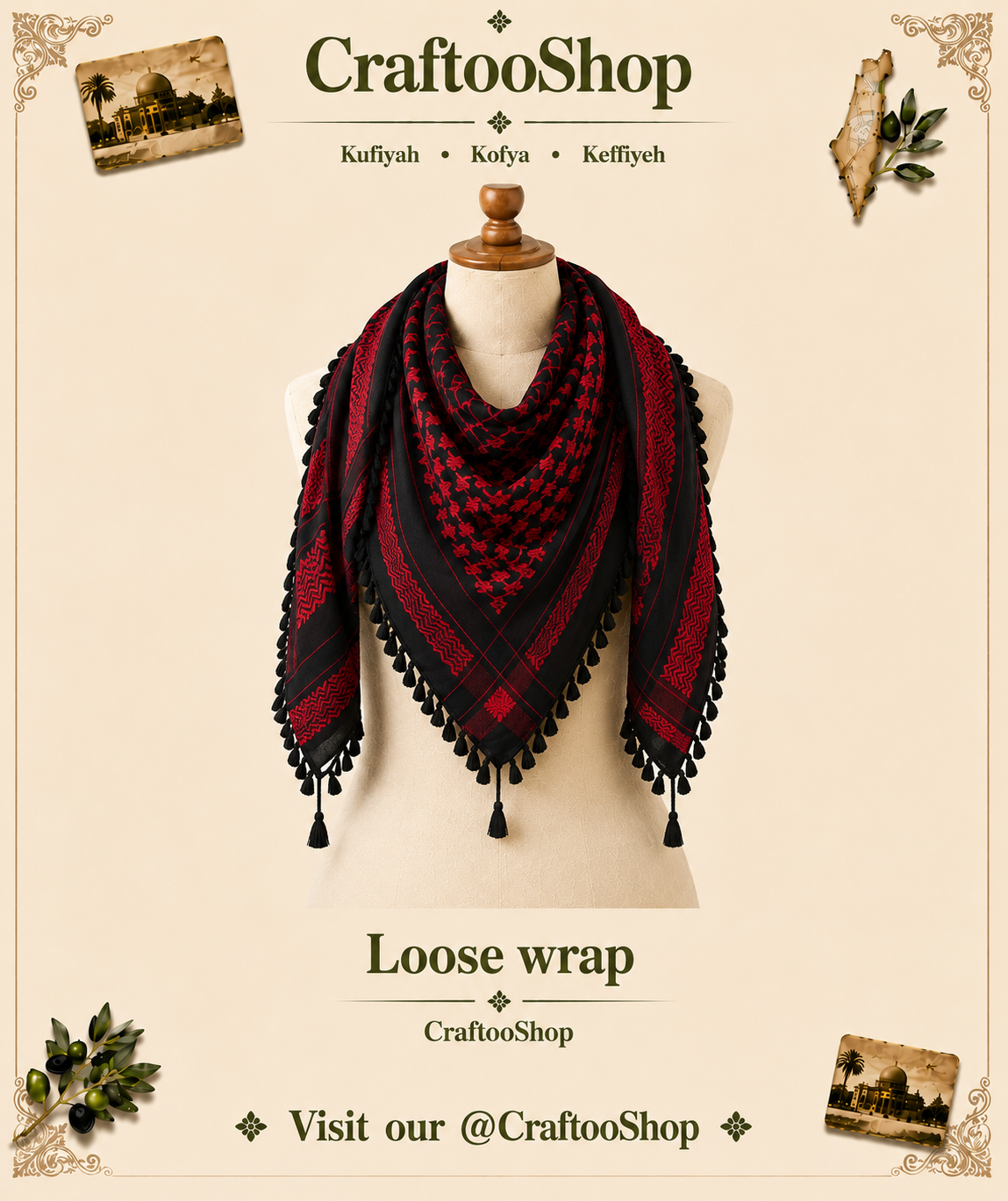 Unique Arab Scarf, Woven Stitched, NOT Printed, Keffyeih Cover Headwear,Vintage dress Hatta Shemagh Kuffyieh,Unisex Mask, mixed Black Red