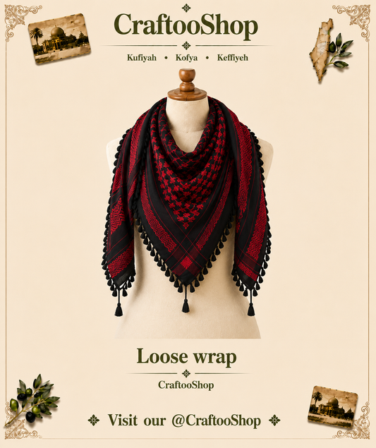 Palestine Keffyieh, Unique Arab Scarf Shemagh, Mult-functional face Cover, Headwear Windproof  Mask, Vintage dress Hatta Black Red