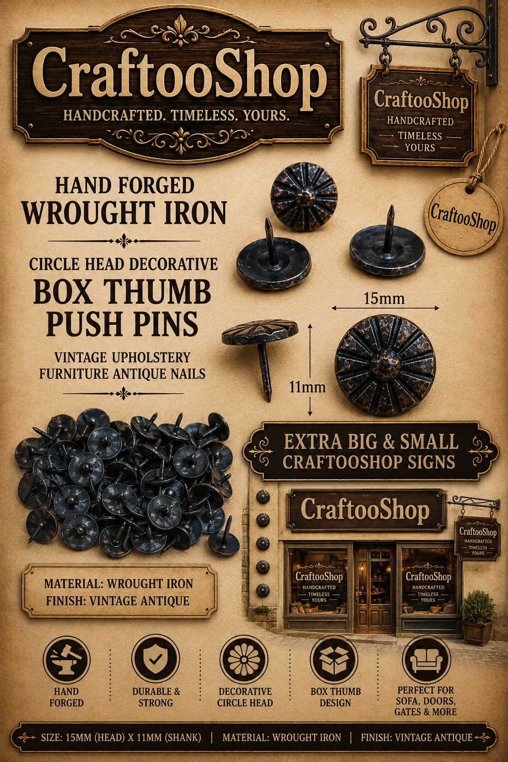 Furniture Nails, Upholstery Circle Decorative Tacks, Box Thumb Tacks, Push Pins, Sofa Nail, Door Furniture tacks, Vintage style, Strong and Solid