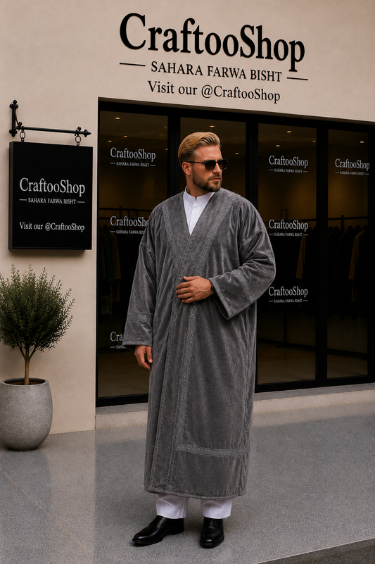 Grey Farwa Bisht Coat, Unique Fur, Arab Style Winter Warm and Heavy, Unisex Clothing, Vintage Traditional Western Pattern, Elegance الجواد