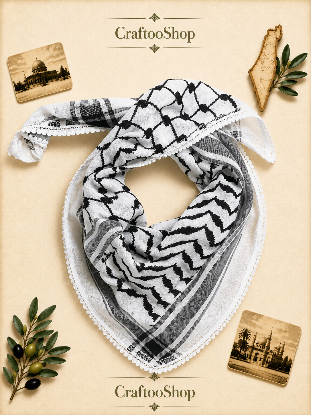 Keffiyeh Bandana Scarf, Palestine Arafat Kuffyieh Mask, Tie kofyah Headband Kofya Face Cover Vintage dress Size 72X42X48 Centimeters