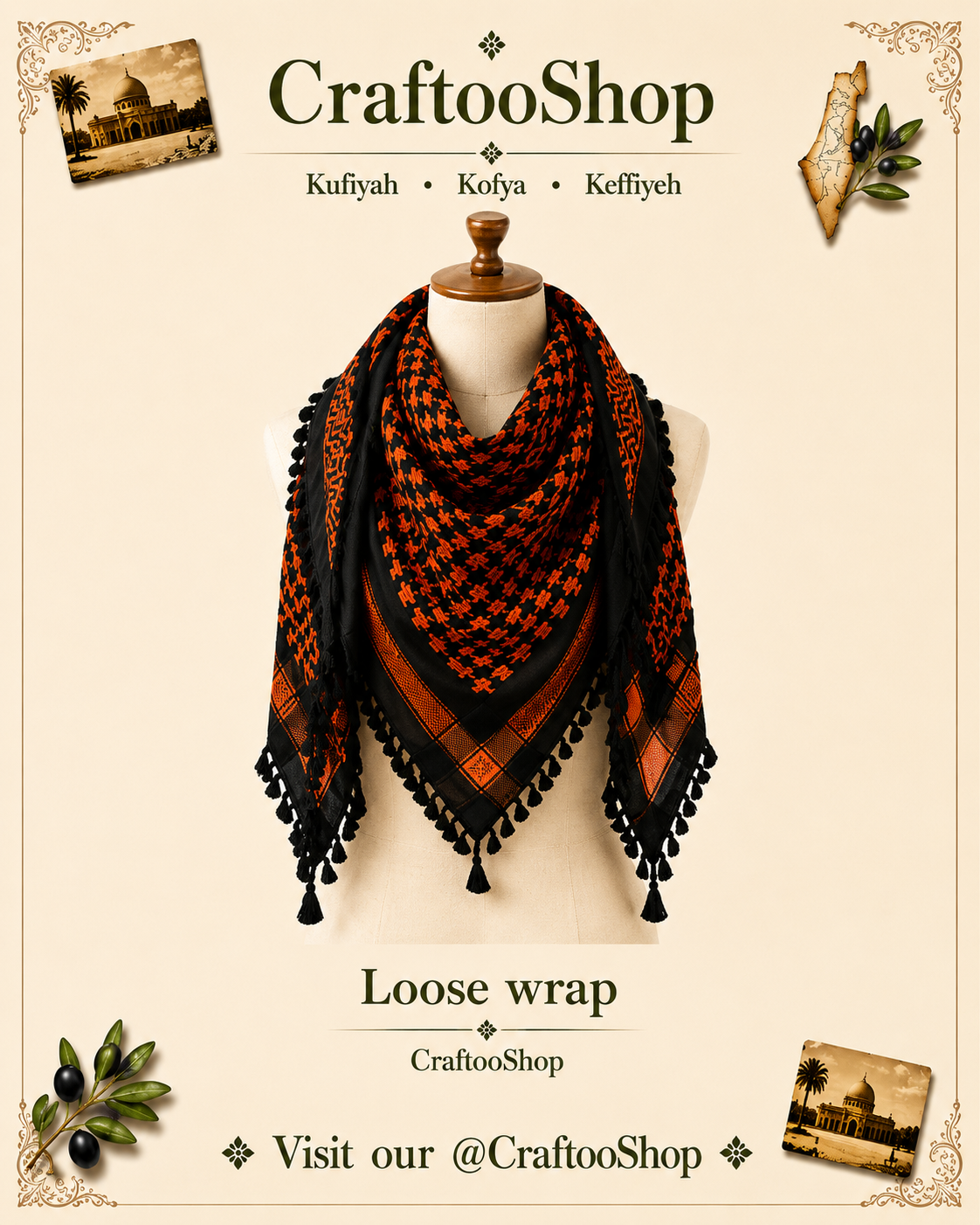 Orange Keffiyeh Scarf, Desert Bandana face Cover, Sahara Arabian Palestine Headwear, Vintage dress Hatta Shemagh Kuffyieh Mixed 2 Colours