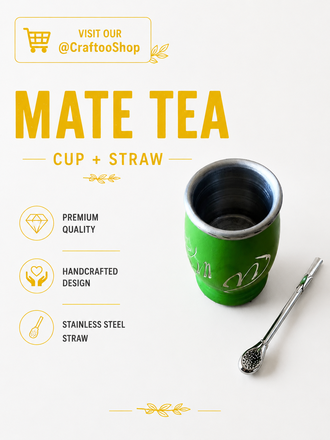 Mate Tea Silver Green cup, Unique Yerba Mate Cup +Straw, drinking places fountain, water carved, Filter Bombilla Straw handmade 50mL