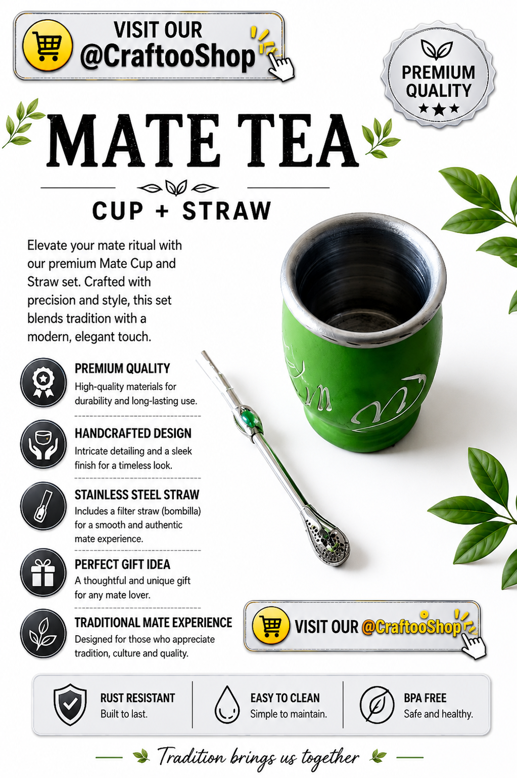 Mate Tea Silver Green cup, Unique Yerba Mate Cup +Straw, drinking places fountain, water carved, Filter Bombilla Straw handmade 50mL