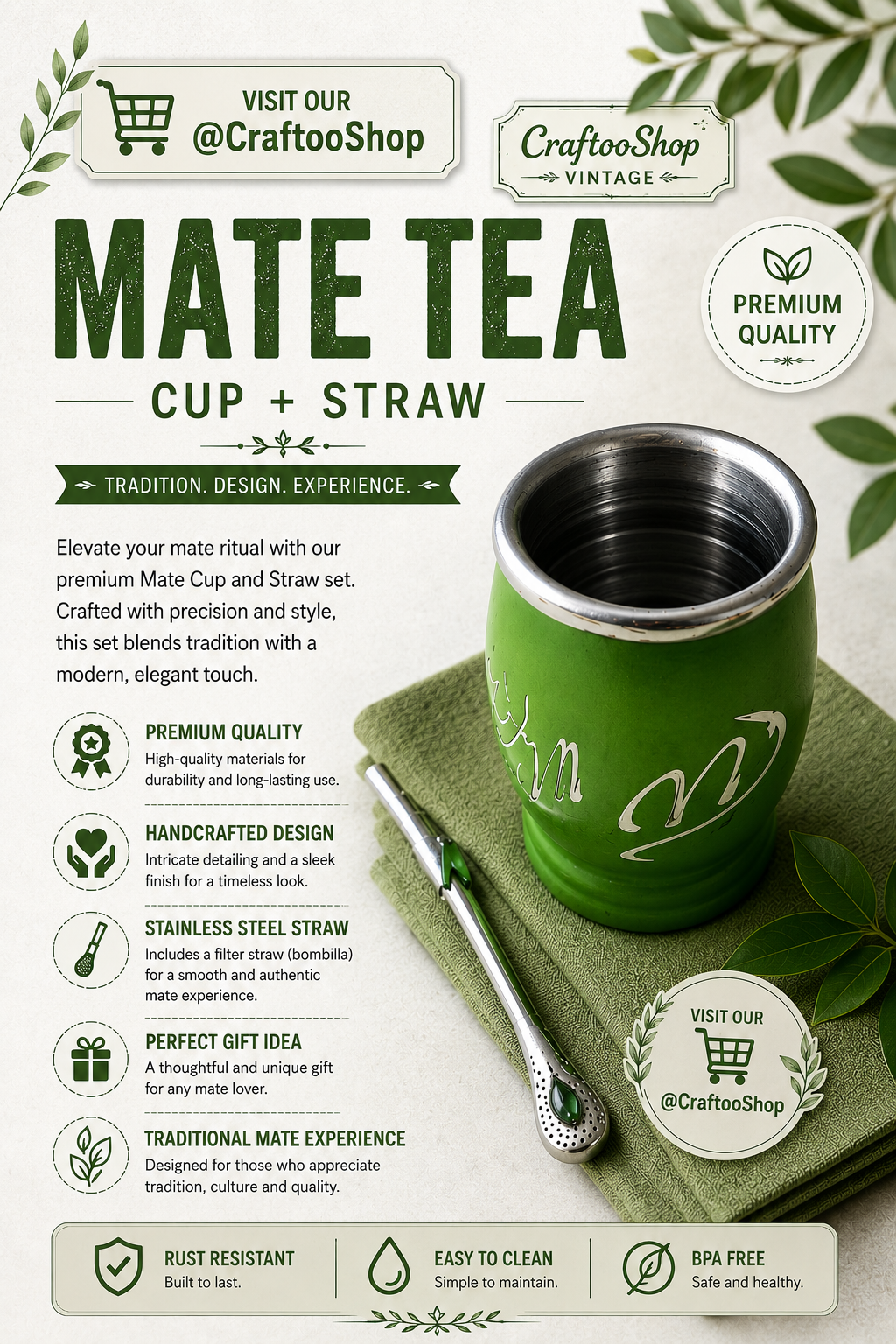 Mate Tea Silver Green cup, Unique Yerba Mate Cup +Straw, drinking places fountain, water carved, Filter Bombilla Straw handmade 50mL