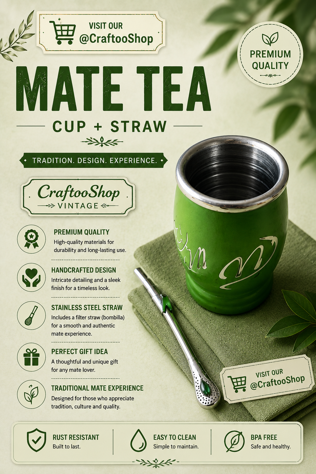 Mate Tea Silver Green cup, Unique Yerba Mate Cup +Straw, drinking places fountain, water carved, Filter Bombilla Straw handmade 50mL