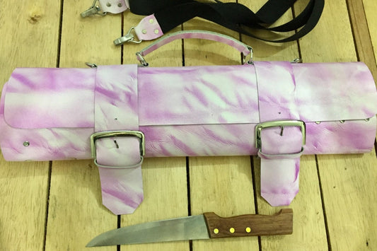 16 Slots Pink Knife Roll, Handmade Chefs bag, Cow Genuine Leather Knives Roll Holder Bag Gift Kitchen Supply