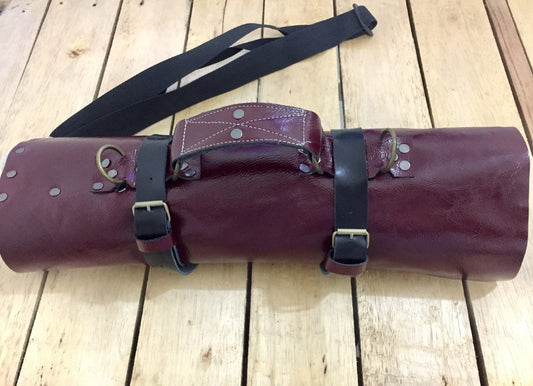 Burgundy 14 Slots knife Roll with long strap HandCrafted, Chefs bag Gift Cow Genuine Leather, Holder kitchen Supply, 48cmX68cm mixed colours