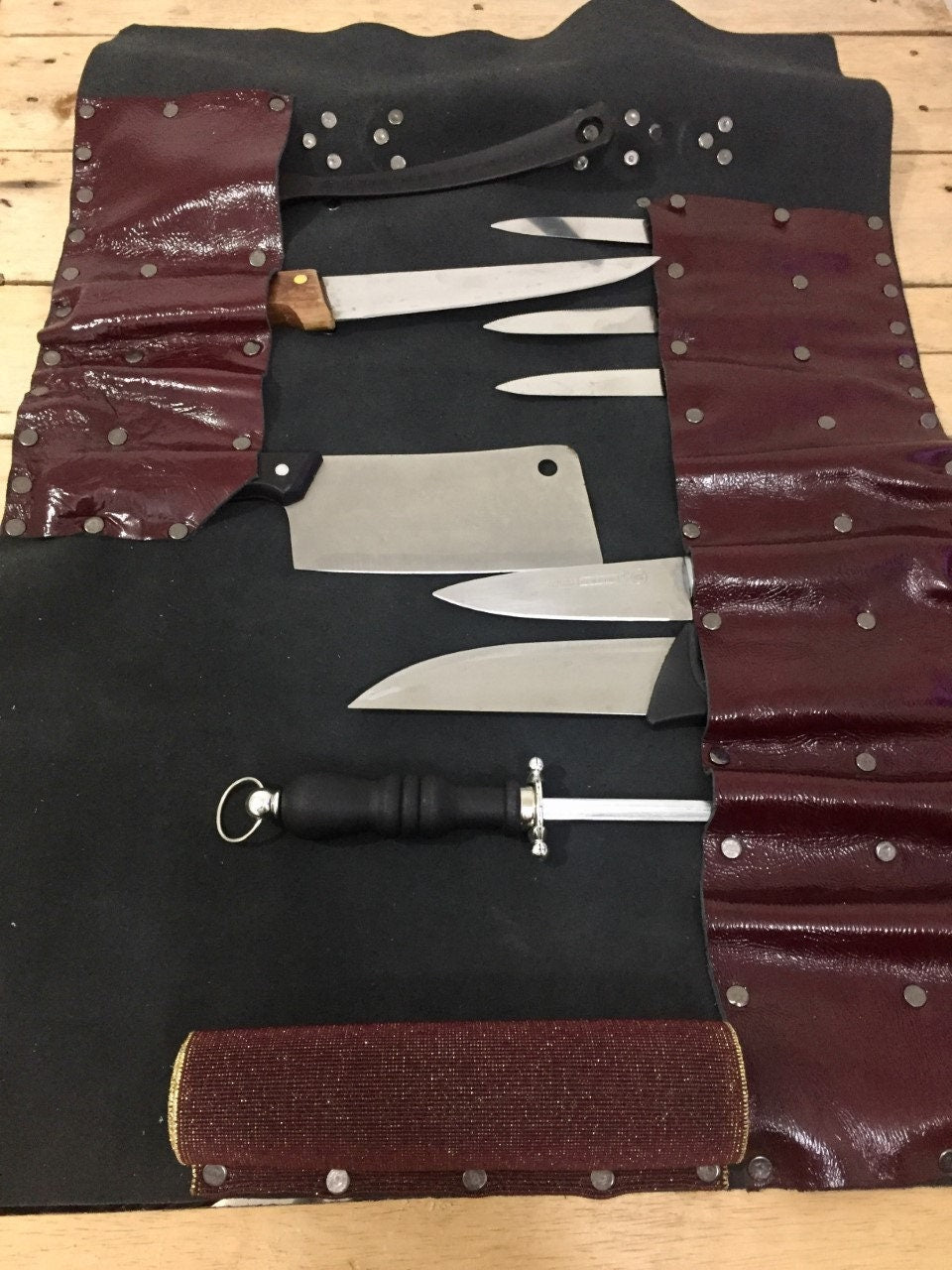 Burgundy 14 Slots knife Roll with long strap HandCrafted, Chefs bag Gift Cow Genuine Leather, Holder kitchen Supply, 48cmX68cm mixed colours