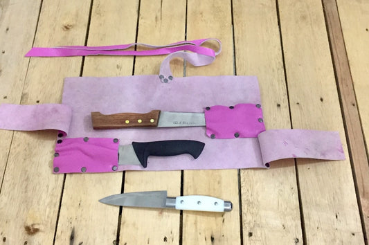 2 Slots Knife Roll , Pink Color,  Genuine Leather Chef Bag ,Hand Made Knives Roll Holder Bag Chefs Leather Roll, Handcrafted size 20cmX39cm