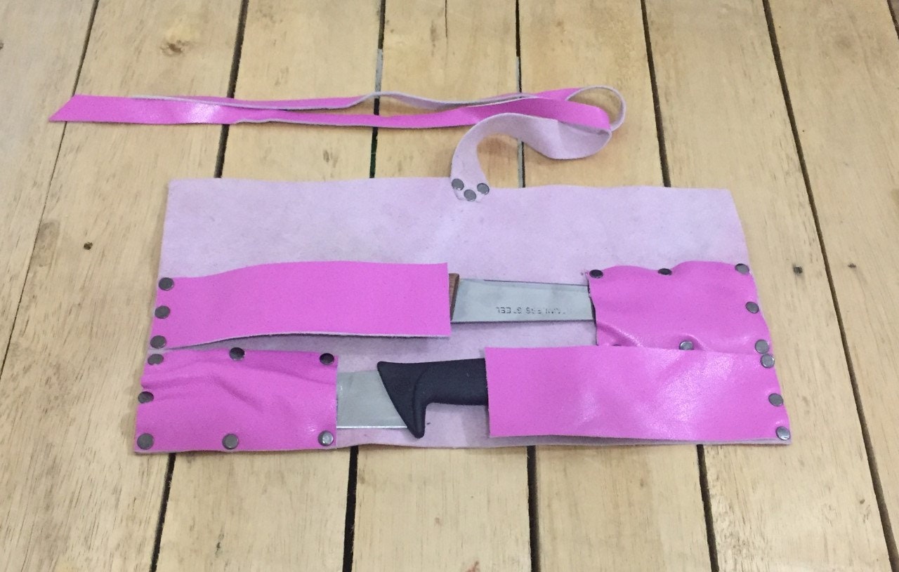 2 Slots Knife Roll , Pink Color,  Genuine Leather Chef Bag ,Hand Made Knives Roll Holder Bag Chefs Leather Roll, Handcrafted size 20cmX39cm