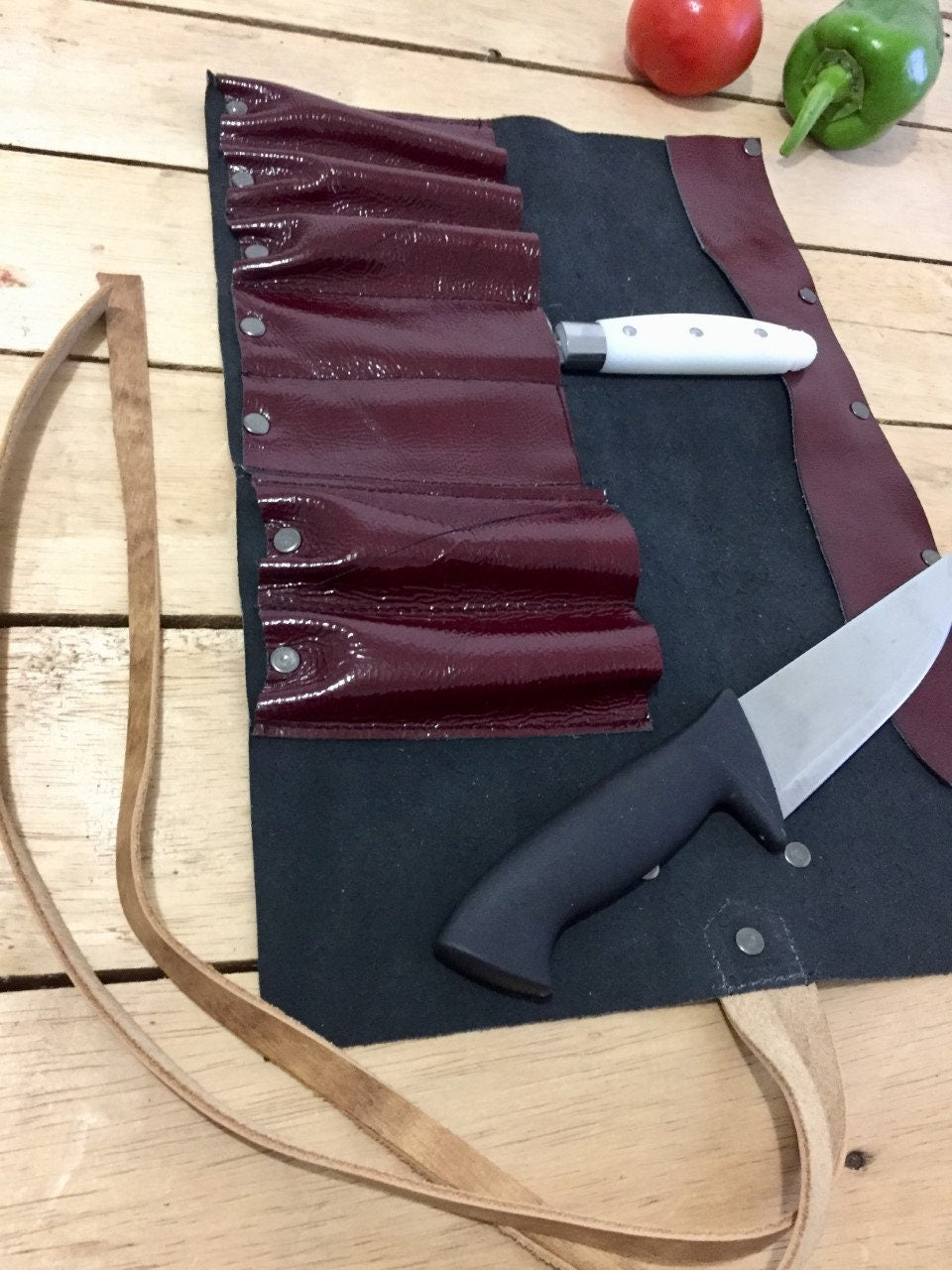 Burgundy 7 Slots Tools Roll, Many Crafts Roll, Chefs Roll, Knife Roll Hand Crafted, Genuine Leather Chef Bag , kitchen Tools Size 27cmX 39cm