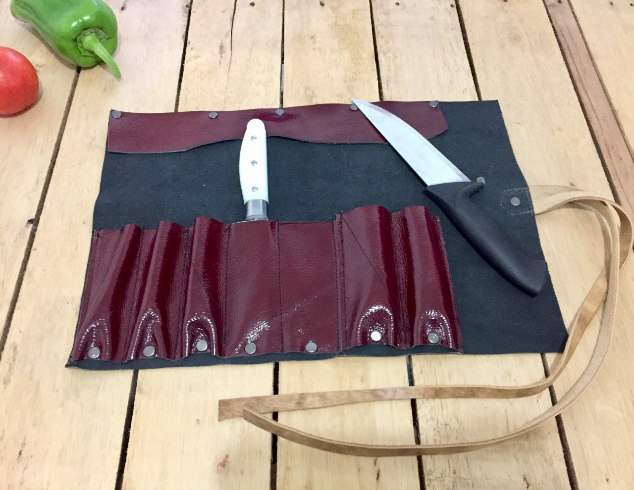 Burgundy 7 Slots Tools Roll, Many Crafts Roll, Chefs Roll, Knife Roll Hand Crafted, Genuine Leather Chef Bag , kitchen Tools Size 27cmX 39cm