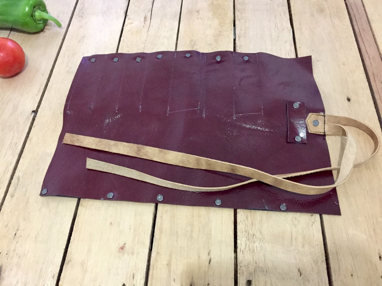 Burgundy 7 Slots Tools Roll, Many Crafts Roll, Chefs Roll, Knife Roll Hand Crafted, Genuine Leather Chef Bag , kitchen Tools Size 27cmX 39cm