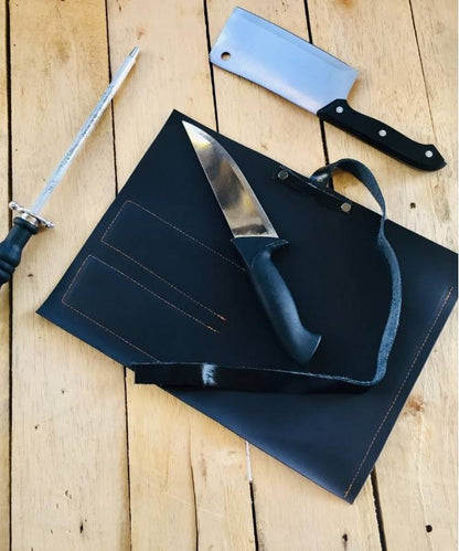 2 Slots Knife roll , synthetic leather , Belt Genuine Leather, 100% Hand made, dark Brown colour , genuine leather. Black belt 32cmX24cm