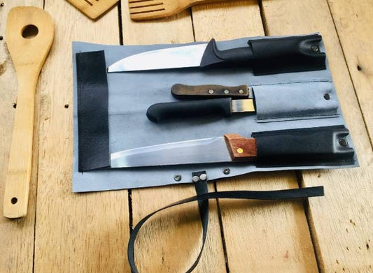 3 Slots Knife roll , Genuine Leather, knives Bag Holder kitchen storage Tools Holder 100% Hand made 19cmX34cm