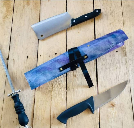 3 Slots knife roll , pink purple Genuine Leather, 100% Hand made pink purple colour size 20cmX25cm