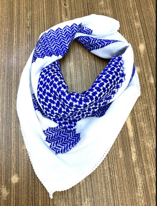 2x Pieces Blue Keffyieh Unique Arab Scarf Shemagh, Woven Stitched, face Cover Headwear Windproof Kuffyieh Mask, Vintage Dress Kofya Hatta Blue White