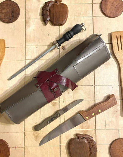 5 Slots Knife Roll, Grey Colour Handmade Chef bag, Cow Genuine Leather Knives Roll, Tools Holder Chefs Kitchen Supply Size 14inchX15.5inch