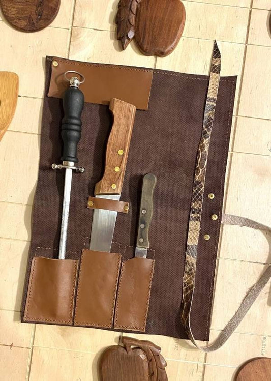 3 Slots Knife Roll, HandCrafted Cow Genuine Leather Knives Roll Tools Holder Chefs Gift Kitchen Supply Brown Tan Colour Size-10inchX14.5inch