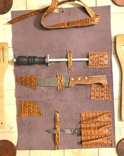 7 Slots Knife Roll, HandCrafted Chef bag Cow Genuine Leather Knives Roll, Tools Holder Bag Chefs Gift Kitchen Supply Size 13.5inch X19inch