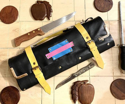 Colourful Knife Roll Handmade 8 Slots Genuine Leather Chef Bag Supply kitchen Tools bag Holder Wooden Leather Roll with strap Size 56cmX42cm
