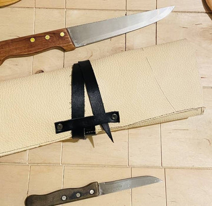 7 Slots Knife Roll, HandCrafted Chef bag, Cow Genuine Leather Knives Roll, Tools Holder Gift Kitchen Supply Beige Black Colou Size 47cmX33cm