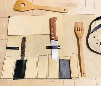 7 Slots Knife Roll, HandCrafted Chef bag, Cow Genuine Leather Knives Roll, Tools Holder Gift Kitchen Supply Beige Black Colou Size 47cmX33cm