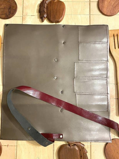 5 Slots Knife Roll, Grey Colour Handmade Chef bag, Cow Genuine Leather Knives Roll, Tools Holder Chefs Kitchen Supply Size 14inchX15.5inch