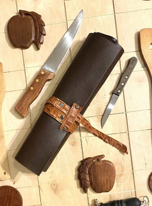 7 Slots Knife Roll, HandCrafted Chef bag Cow Genuine Leather Knives Roll, Tools Holder Bag Chefs Gift Kitchen Supply Size 13.5inch X19inch