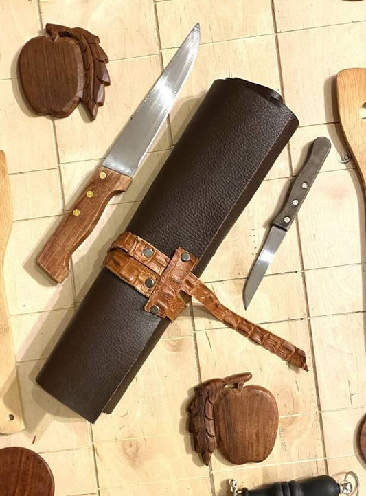 7 Slots Knife Roll, HandCrafted Chef bag Cow Genuine Leather Knives Roll, Tools Holder Bag Chefs Gift Kitchen Supply Size 13.5inch X19inch