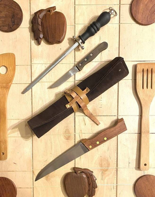 2 Slots Knife Roll, Chef bag, Cow Genuine Leather Knives Roll, Tools Holder Bag ,Chefs Gift Kitchen Supply Brown colour, Size 7inchX 11inch