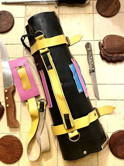 Colourful Knife Roll Handmade 8 Slots Genuine Leather Chef Bag Supply kitchen Tools bag Holder Wooden Leather Roll with strap Size 56cmX42cm