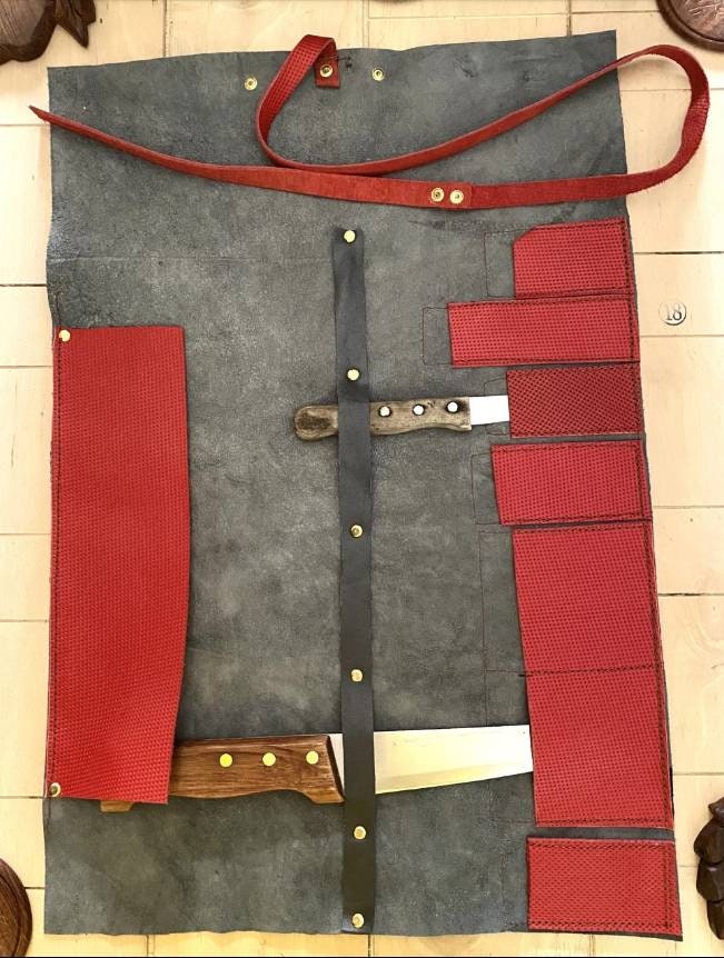 7 Slots Knife Roll, Handmade Chef bag Leather, Genuine Leather Belt Knives Roll,Tools Holder Kitchen Supply Size 9.5inch X13inch