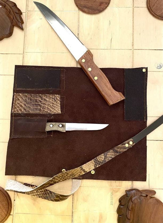 3 Slots Knife Roll, Handmade Chef bag Leather Genuine Leather Belt Knives Roll,Tools Holder Kitchen Supply Marron Colour Size 9.5inchX13inch